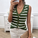 Damen Langarmstricktop mit abwechselndem Streifenmuster und Knopfverschluss R&B