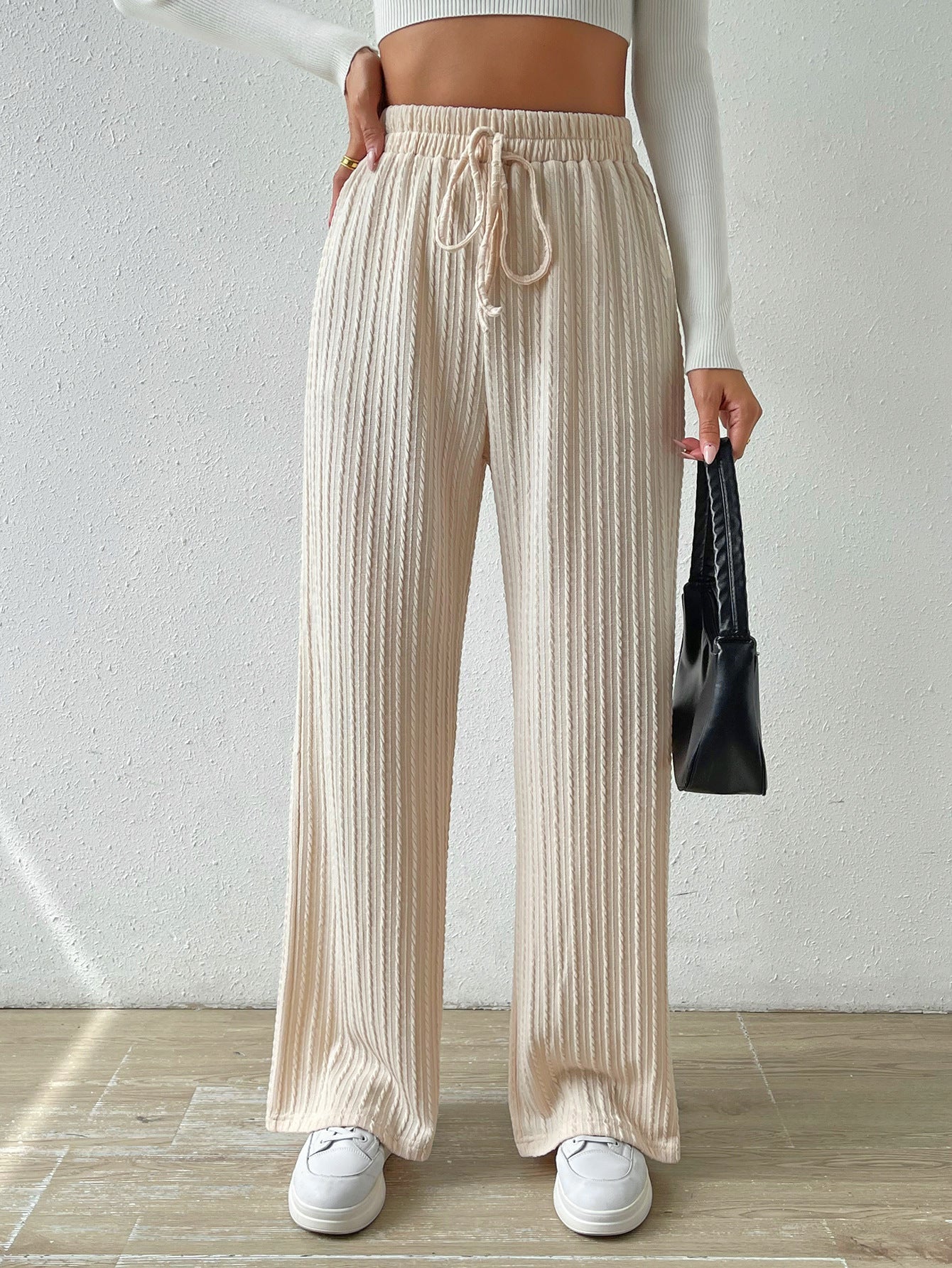 Damen Palazzo-Hose mit vertikalem Kordeldesign und elastischem Bund R&B