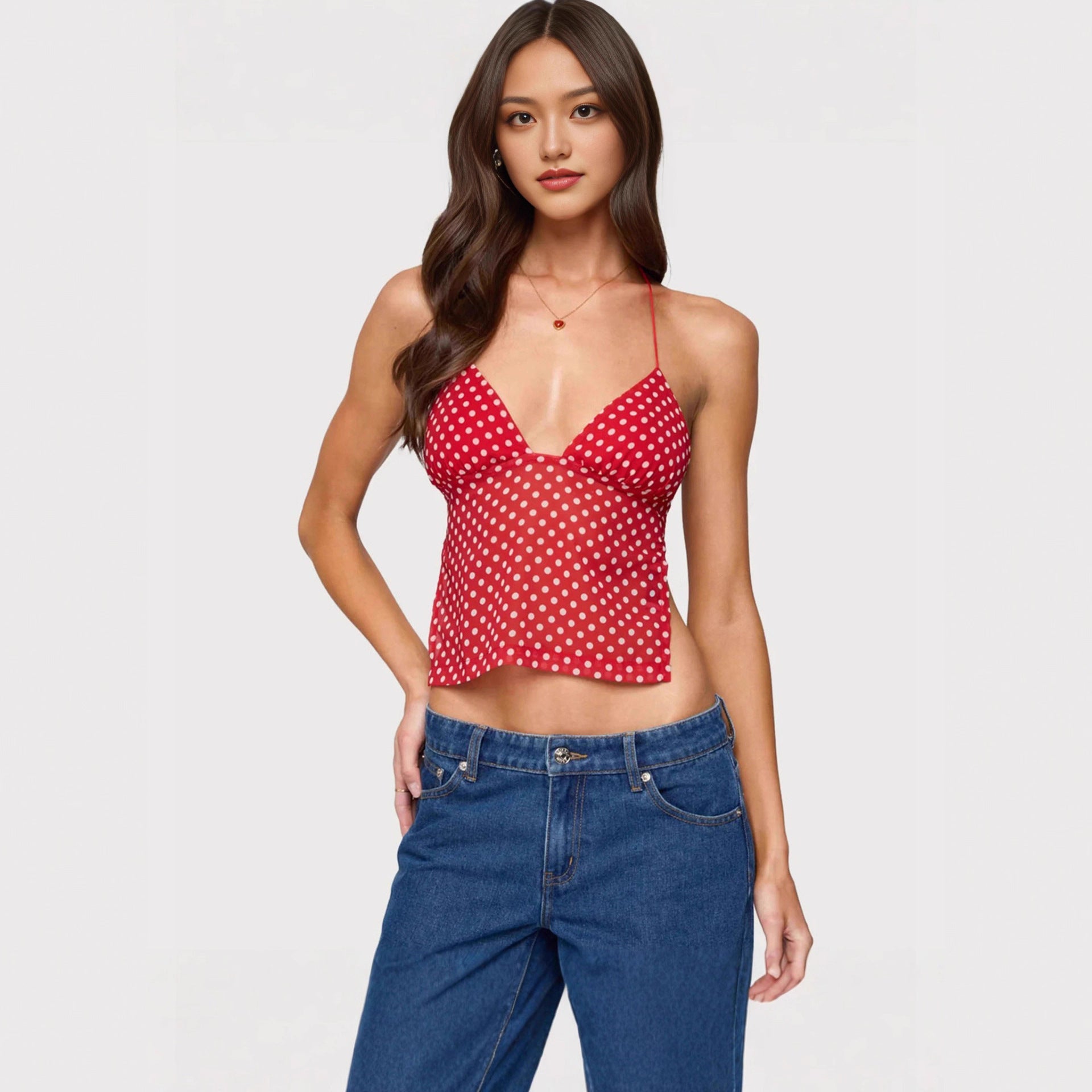 Damen Transparente Bluse mit Punktmuster und dehnten Trägern R&B