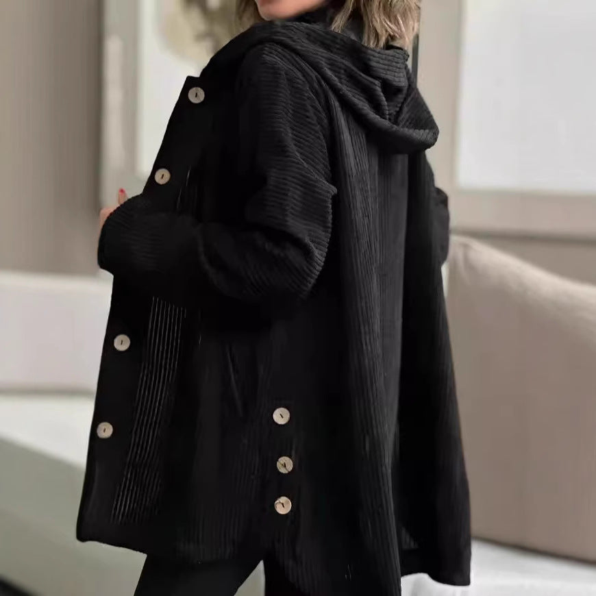 Damen Wohlfühljacke aus Cord mit Kapuze und großen Knöpfen