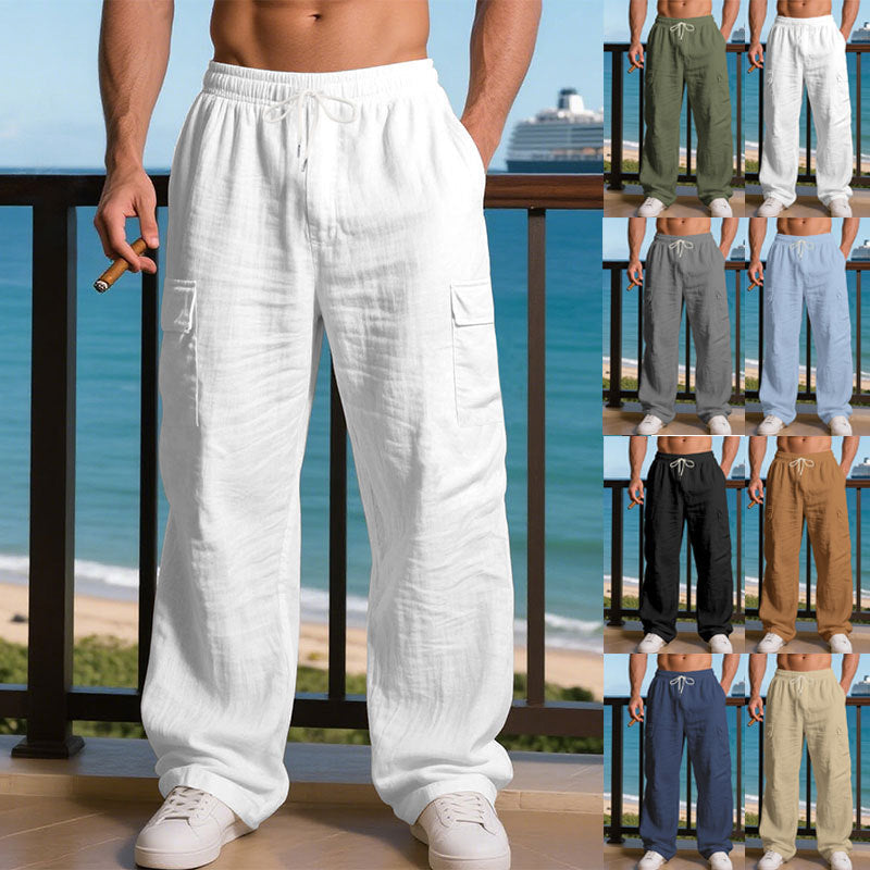 Herren nan weite Leinen-Cargo-Freizeithose mit Tunnelzugbund und seitlichen Pattentaschen R&B