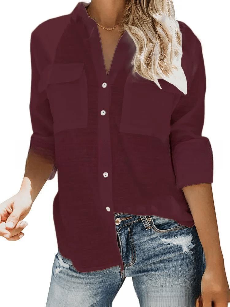 Damen leichte Sommerbluse mit zwei Brusttaschen und aufgerollten Ärmeln R&B