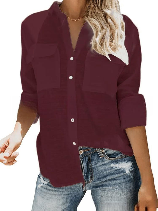 Damen leichte Sommerbluse mit zwei Brusttaschen und aufgerollten Ärmeln R&B