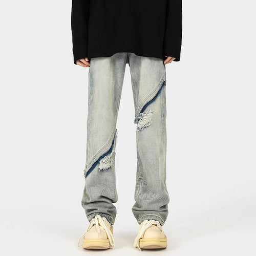 Herren modische Ripped Denim-Jeans im lässigen Schnitt mit asymmetrischem Design R&B