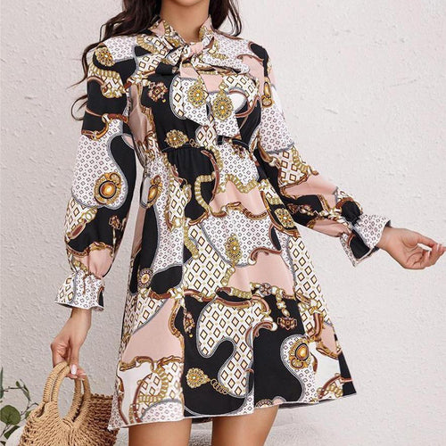 Damen Kurzärmeliges Kleid mit Bogenkragen und Bindegürtel R&B