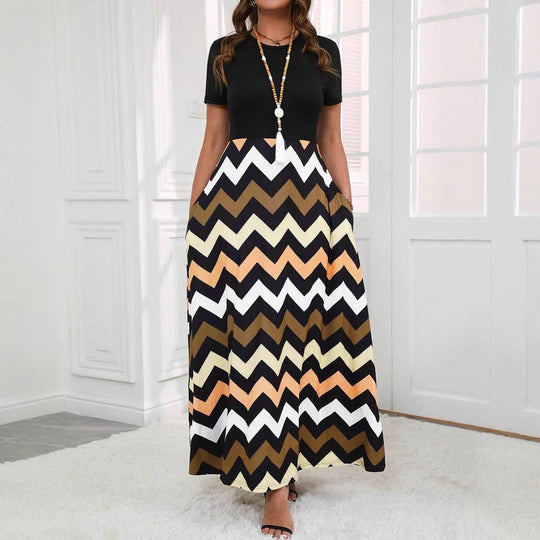 Damen Maxikleid mit auffälligem Zickzackmuster und elegantem Schnitt R&B