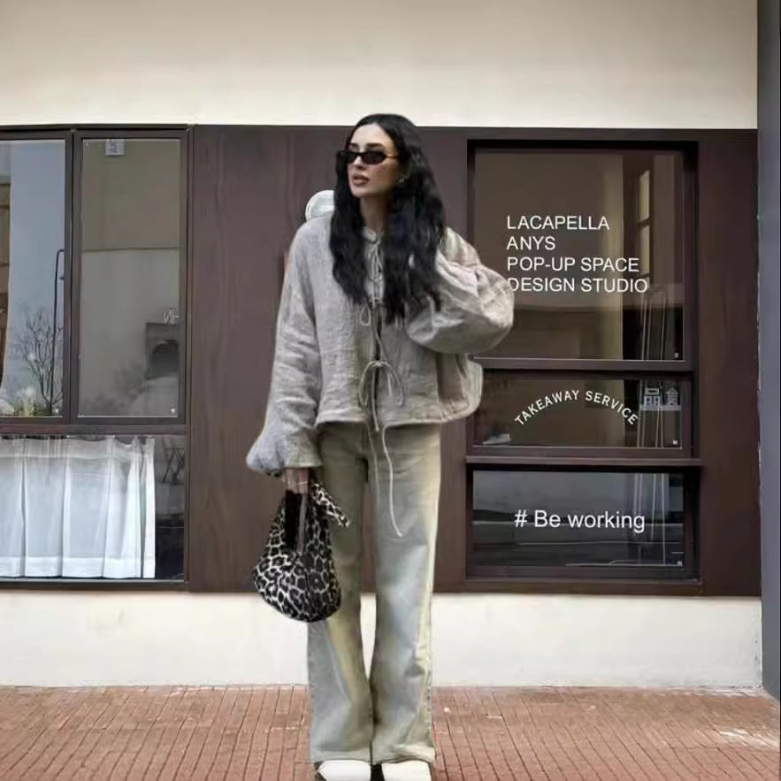 Damen leicht gefütterte Knitjacke mit Kordelzug und weiten Ärmeln R&B