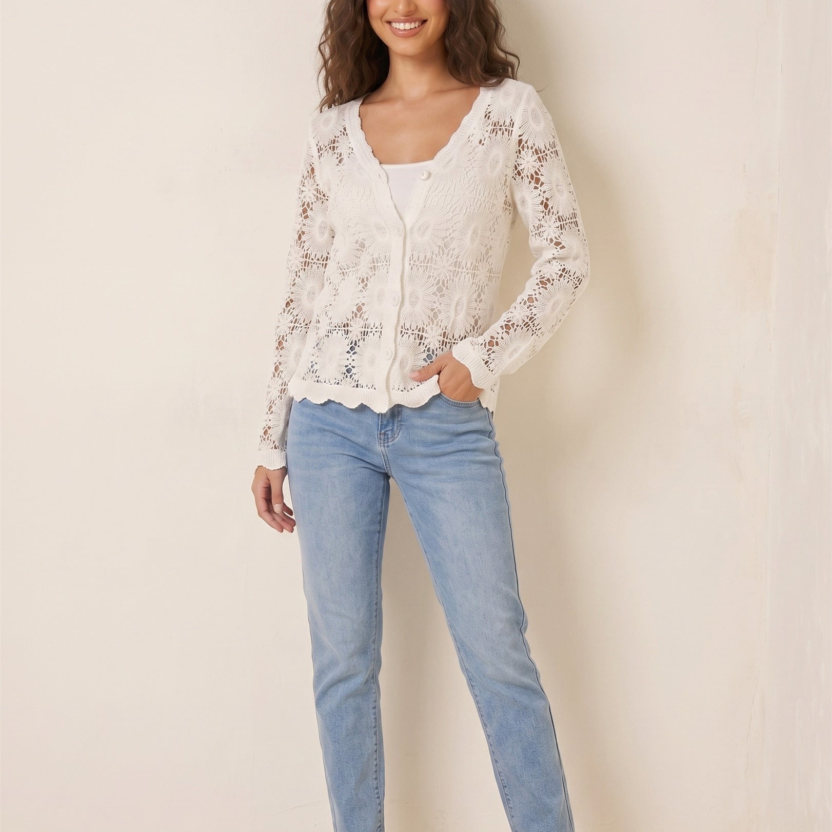 Damen filigrane Häkel-Cardigan R&B
