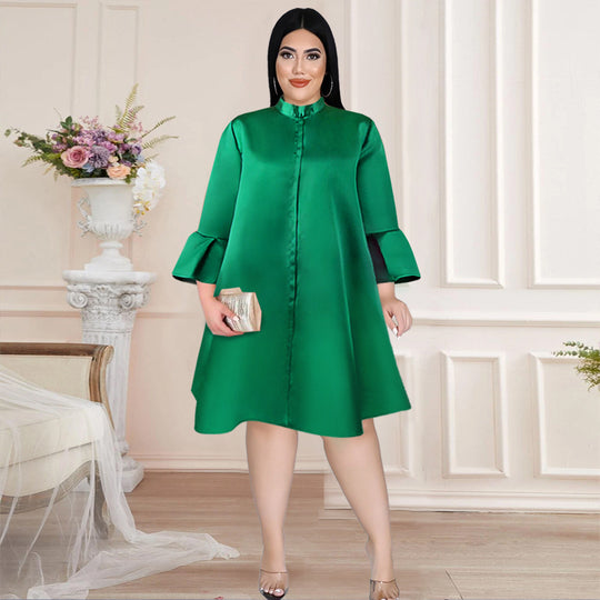 Damen elegantes Kleid mit hochgeschlossenem Kragen und weiterem Ärmel R&B