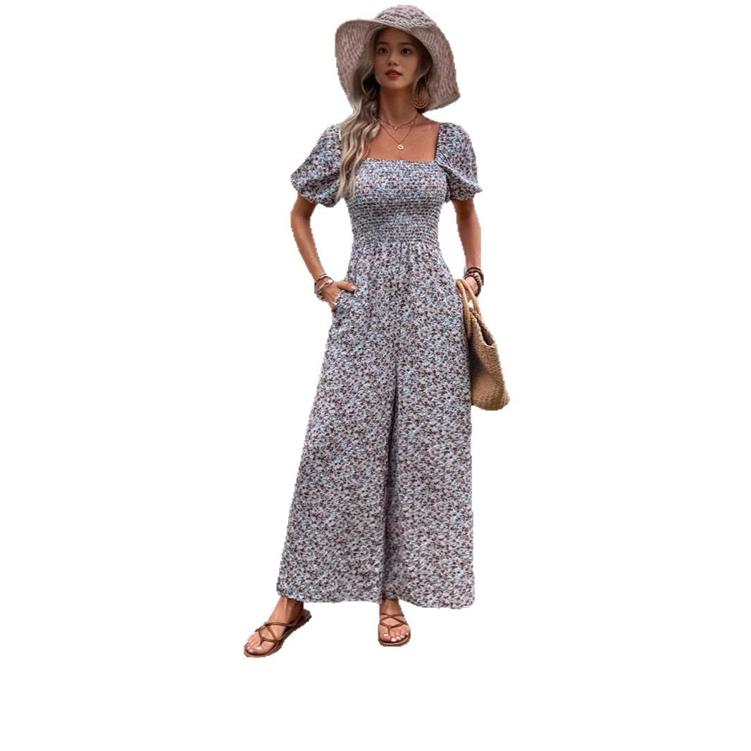 Damen Blumenmuster Jumpsuit mit Puffärmeln und Seitentaschen R&B