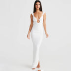 Damen Elegantes Maxikleid mit tiefem V-Ausschnitt und Rüschendetail R&B