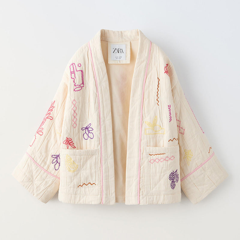 Damen Modische Kimono-Jacke mit bunten Stickdetails und Taschen