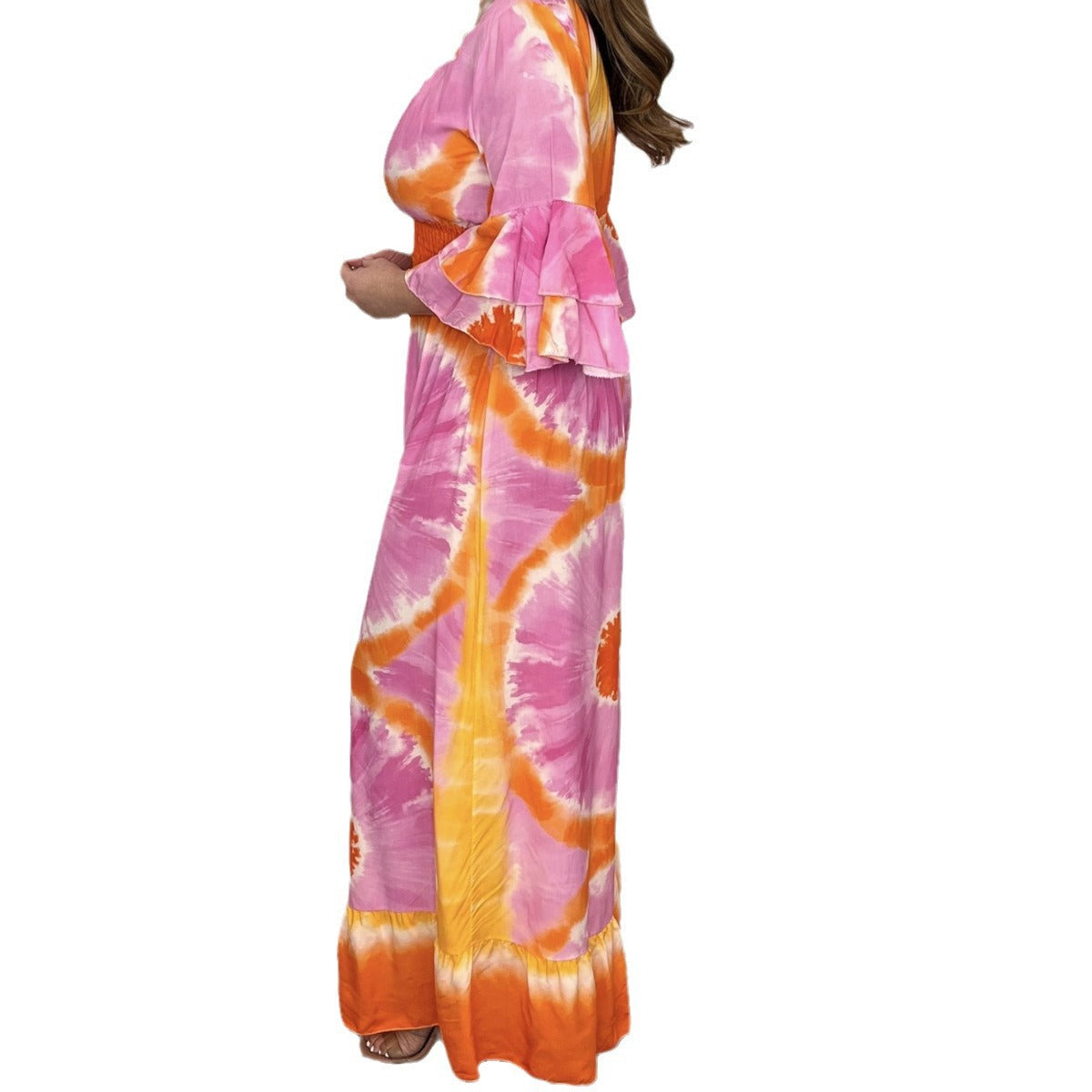 Damen Maxikleid mit asymmetrischen Ärmeln und einzigartigem Batik-Design R&B