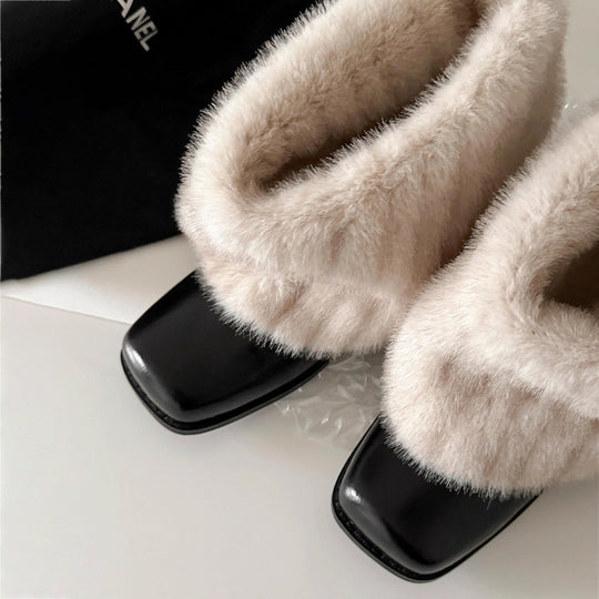 Damen Elegante Stiefeletten mit luxuriösem Kunstfellkragen und bequemem Blockabsatz R&B