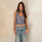 Damen Crop Top mit Raffung und modischem Karo-Muster R&B