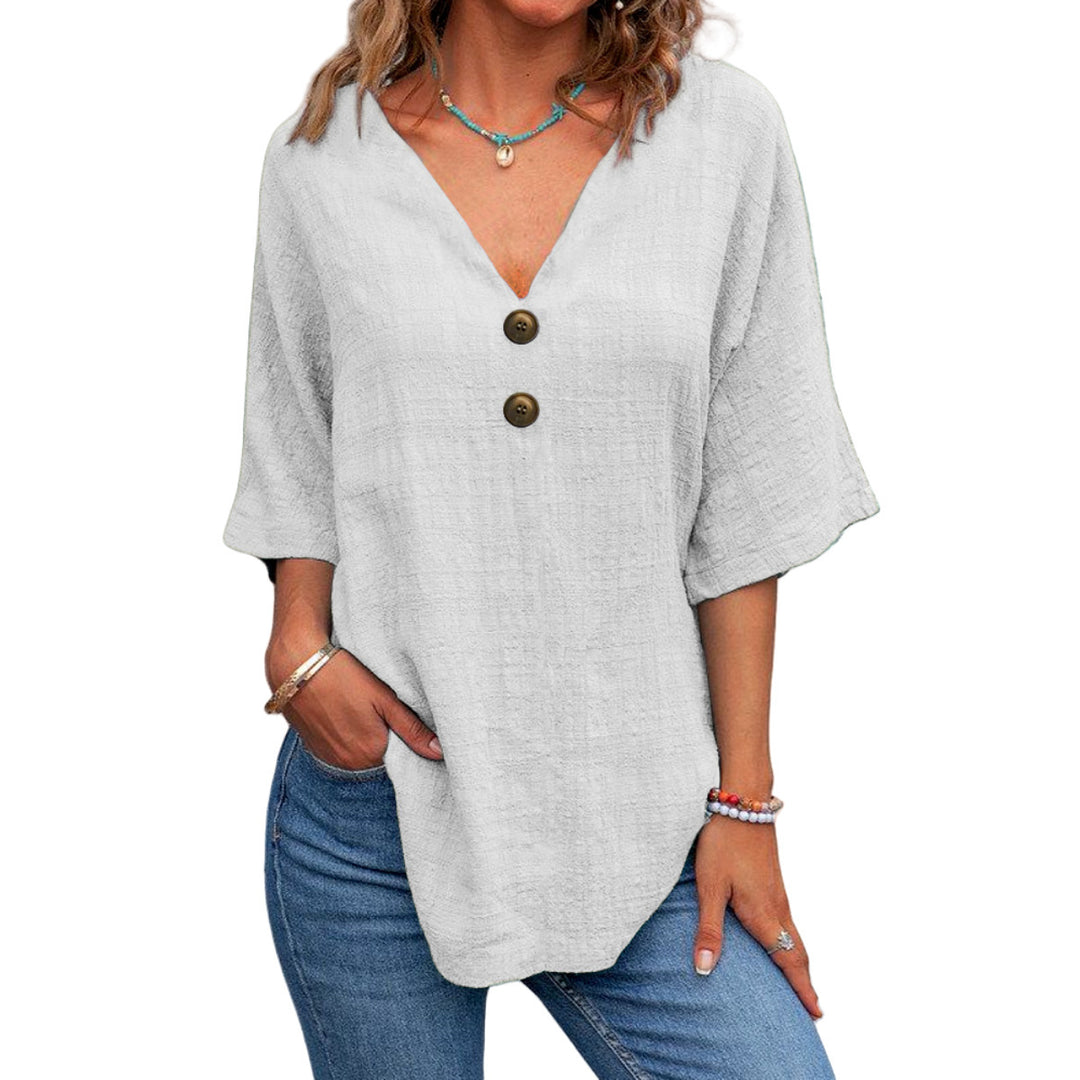 Damen V-Ausschnitt Bluse mit dekorativen Knöpfen und lässigem Schnitt R&B