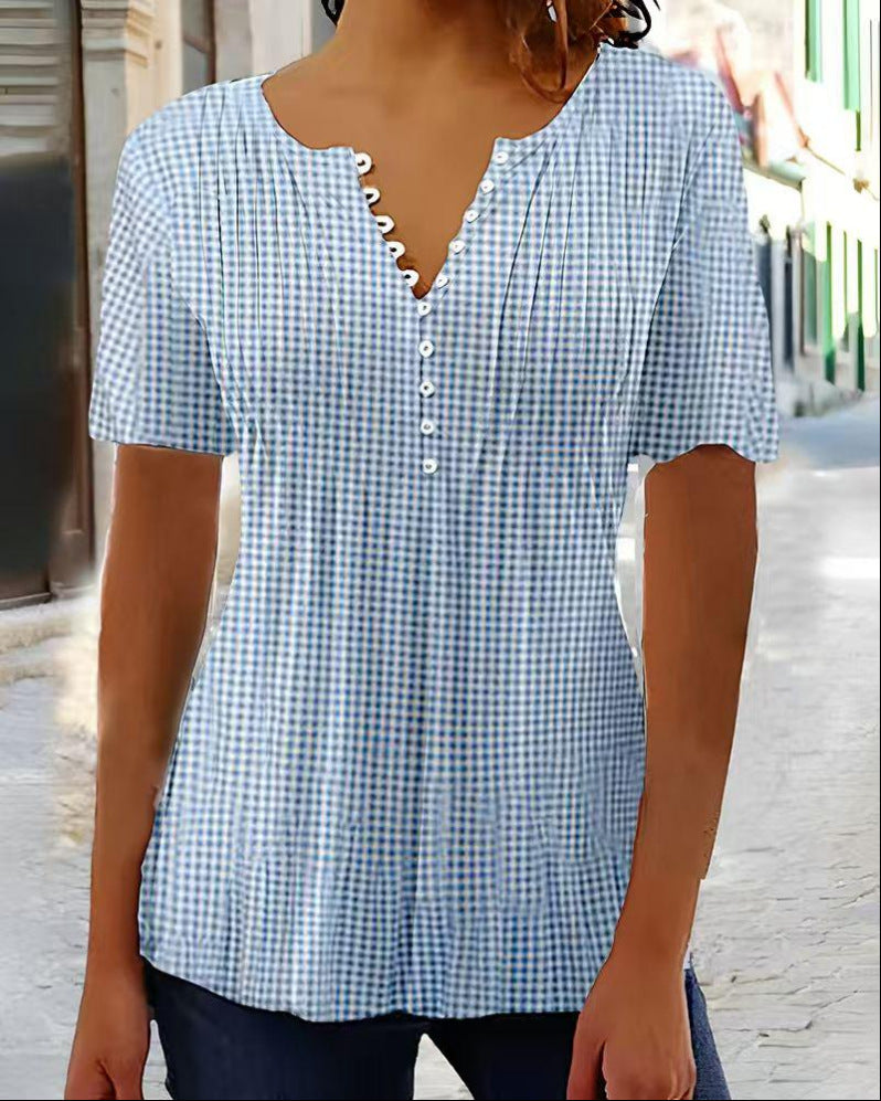 Damen nan leichte Karobluse mit V-Ausschnitt, Zierknopfleiste und Stufenvolant R&B
