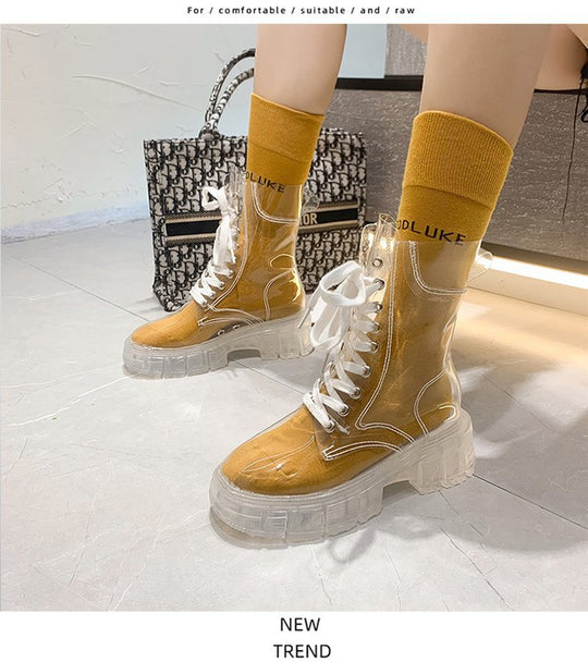 Damen trendige Stiefeletten im transparenten Design mit knalligem Detail R&B