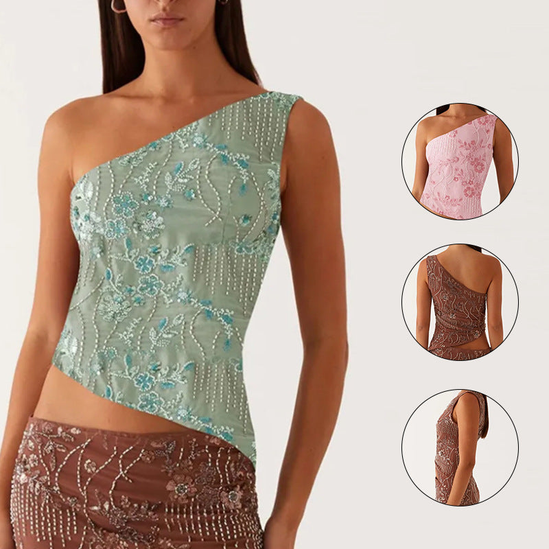 Damen asymmetrisches Oberteil mit floralem Strassdesign R&B