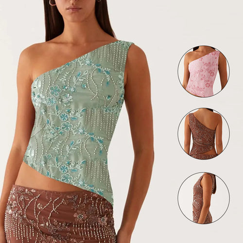 Damen asymmetrisches Oberteil mit floralem Strassdesign R&B