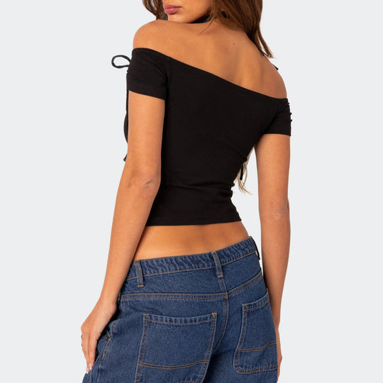 Damen raffiniertes Off-Shoulder T-Shirt mit eleganten Bindebändern R&B