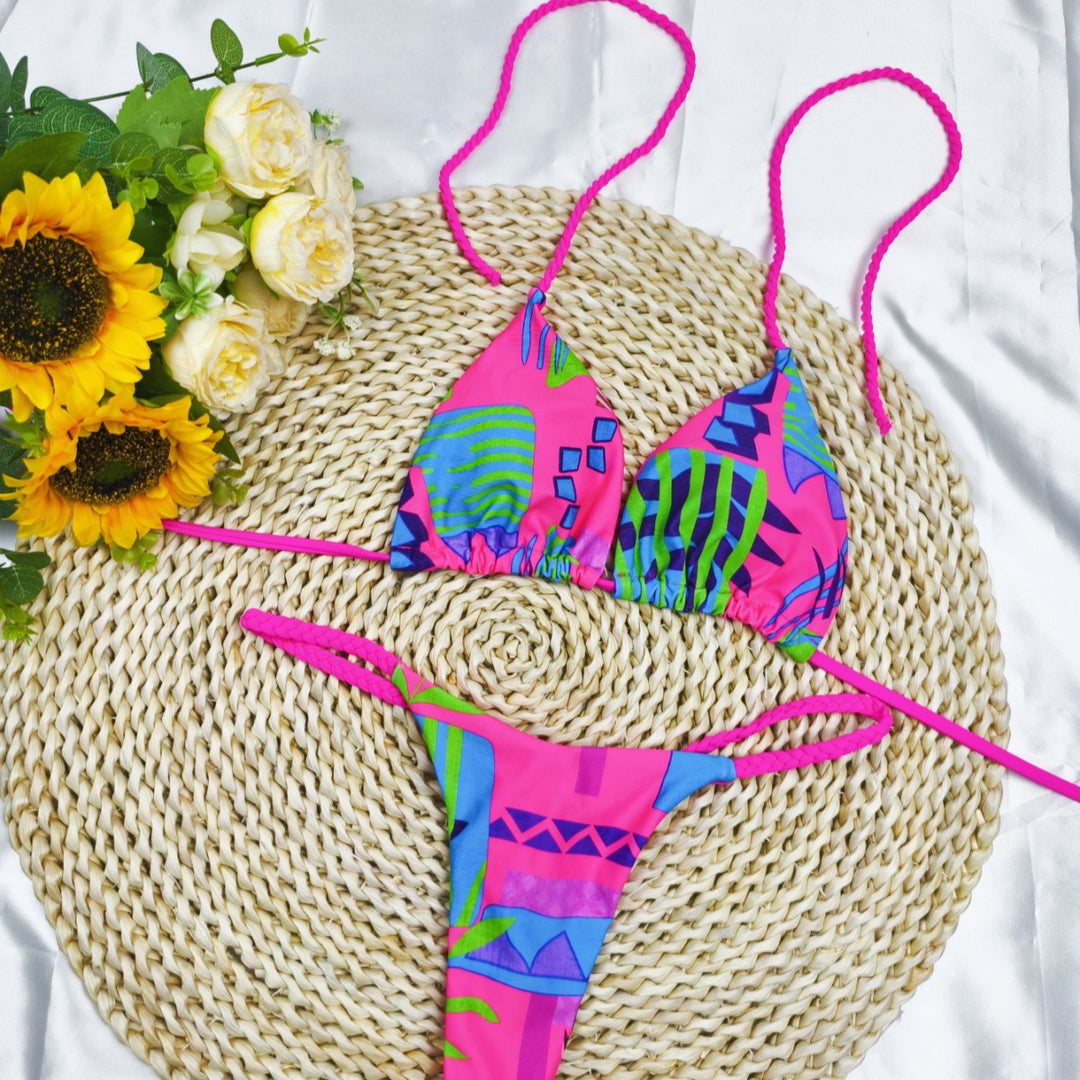 Damen Triangel-Bikini-Set mit fröhlichem Kirschmuster und verstellbaren Trägern R&B