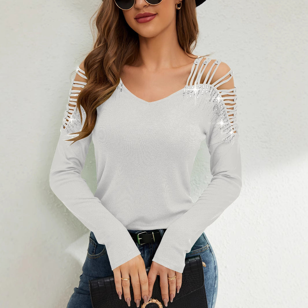 Damen Langarmshirt mit offenen Schultern und Strassverzierung R&B