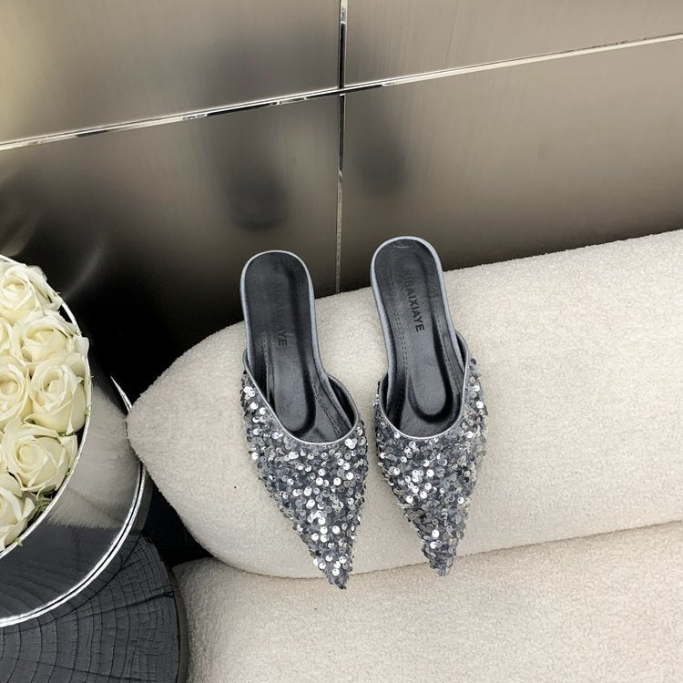 Damen elegante Mules mit glamourösem Paillettenbesatz R&B
