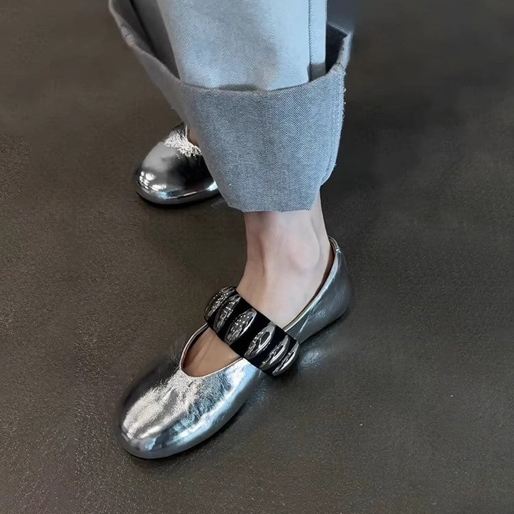 Damen komfortable Ballerinas mit glänzender Oberfläche und dekorativem Riemen R&B