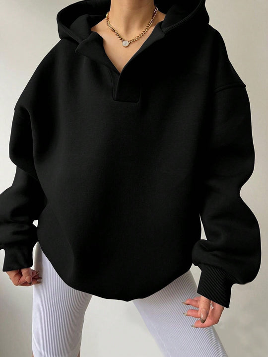 Damen Oversized Kapuzenpullover mit halbem Reißverschluss R&B