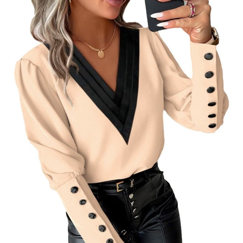 Damen Bluse mit V-Ausschnitt und eleganten Puffärmeln R&B