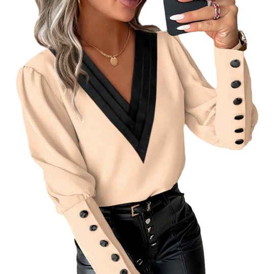 Damen Bluse mit V-Ausschnitt und eleganten Puffärmeln R&B