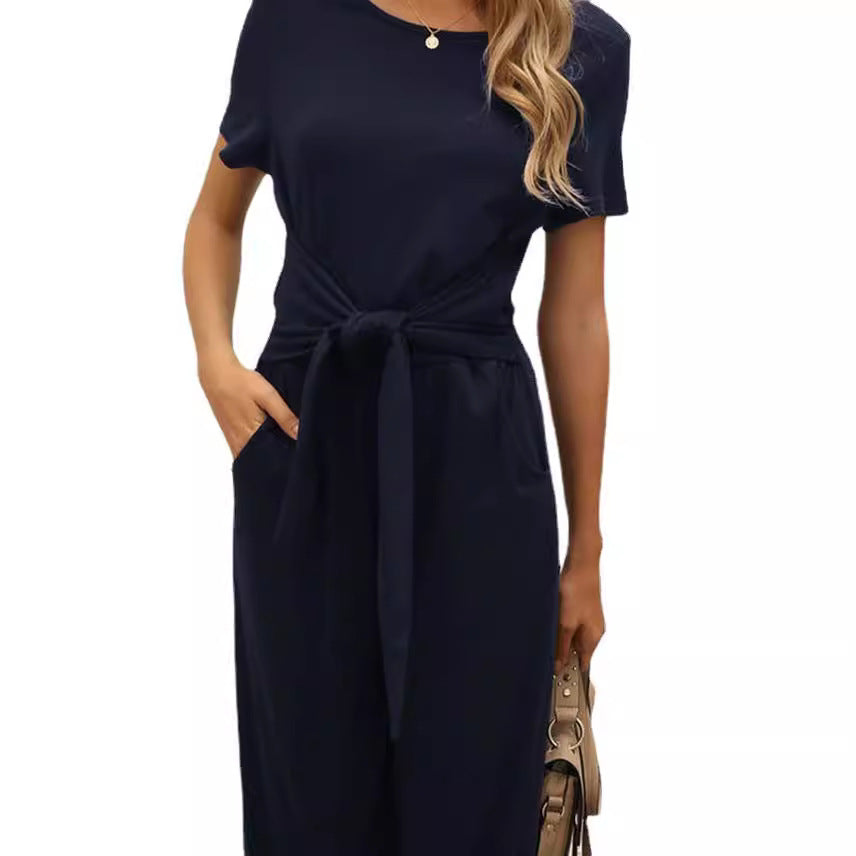 Damen Jumpsuit mit Bindegürtel und weitem Bein R&B