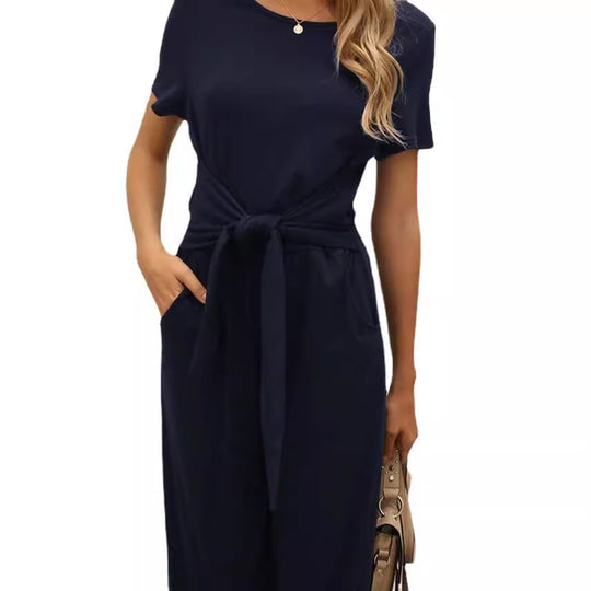 Damen Jumpsuit mit Bindegürtel und weitem Bein R&B