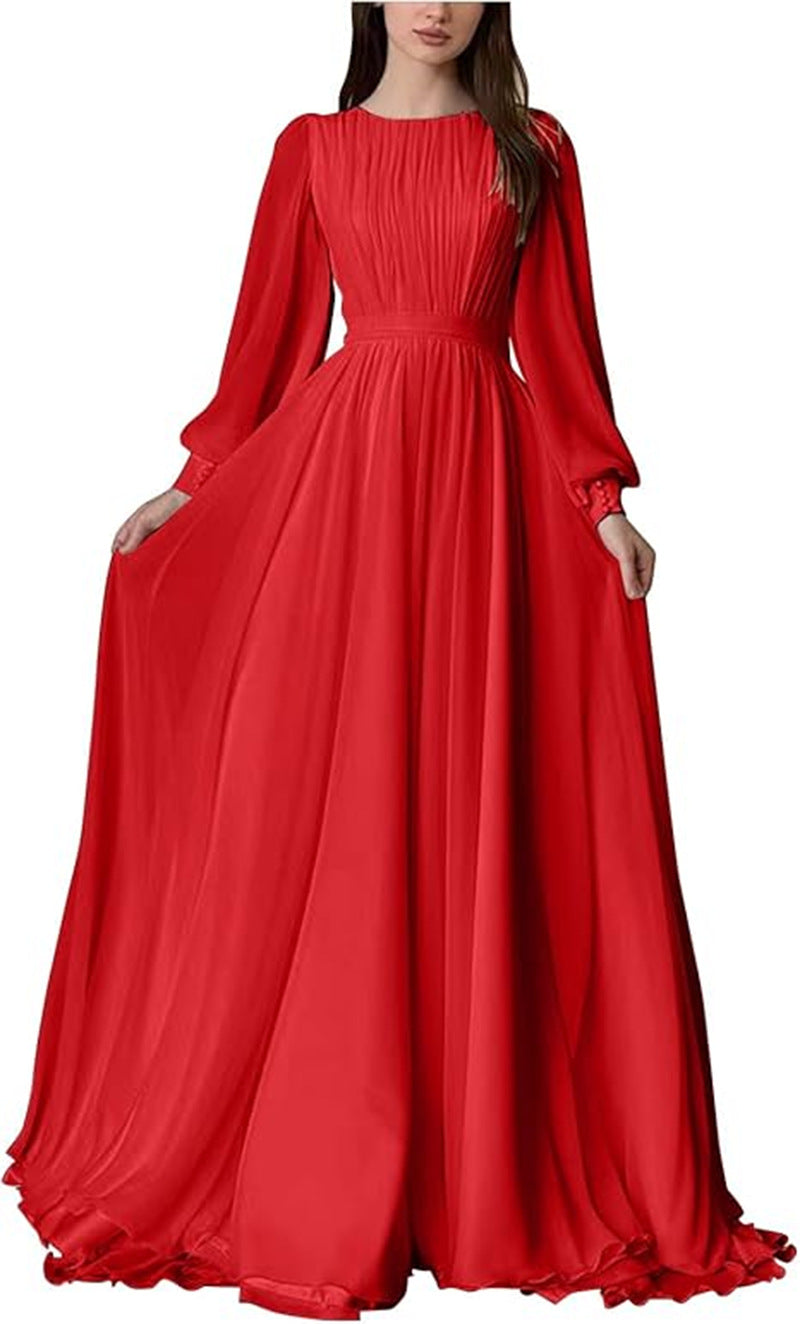 Damen Maxi-Party Kleid mit langen fließenden Ärmeln und Spitzenakzenten R&B