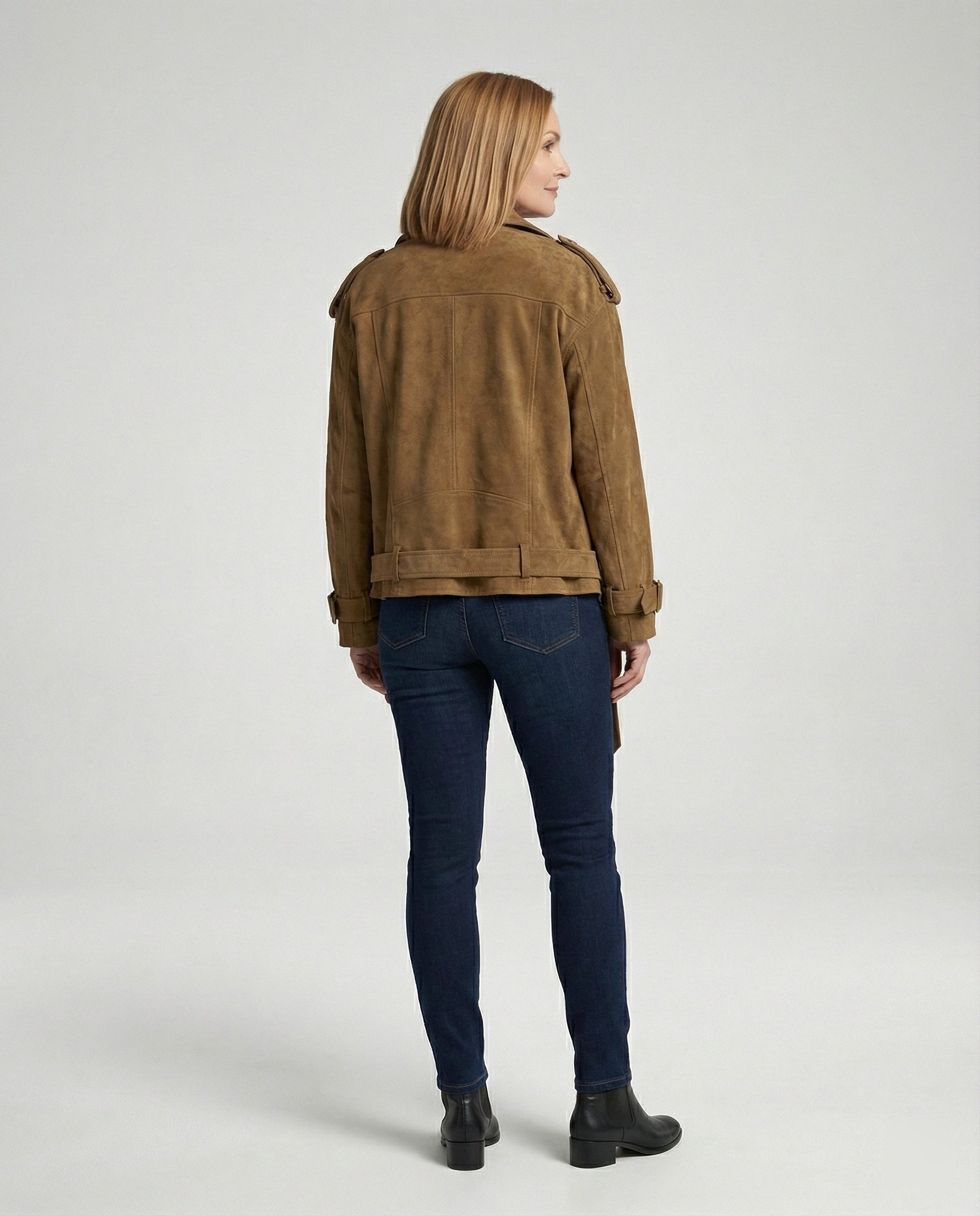 Damen weit geschnittene Velours-Bikerjacke mit asymmetrischem Reißverschluss Taillengürtel und verstellbaren Manschetten R&B