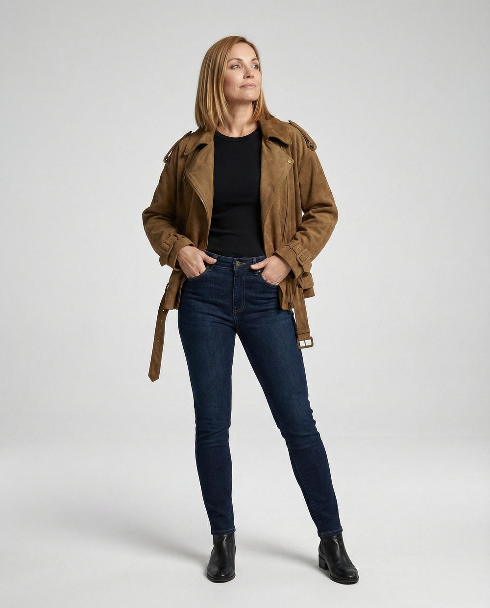 Damen weit geschnittene Velours-Bikerjacke mit asymmetrischem Reißverschluss Taillengürtel und verstellbaren Manschetten R&B