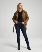 Damen weit geschnittene Velours-Bikerjacke mit asymmetrischem Reißverschluss Taillengürtel und verstellbaren Manschetten R&B