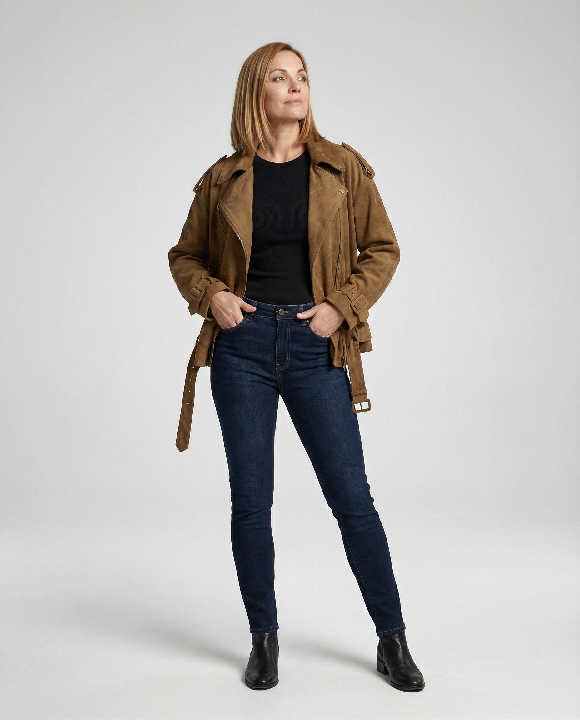 Damen weit geschnittene Velours-Bikerjacke mit asymmetrischem Reißverschluss Taillengürtel und verstellbaren Manschetten R&B