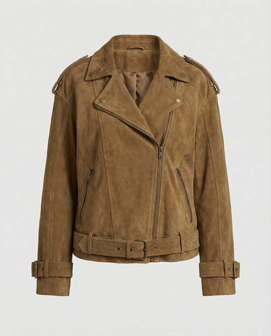 Damen weit geschnittene Velours-Bikerjacke mit asymmetrischem Reißverschluss Taillengürtel und verstellbaren Manschetten R&B