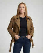 Damen weit geschnittene Velours-Bikerjacke mit asymmetrischem Reißverschluss Taillengürtel und verstellbaren Manschetten R&B