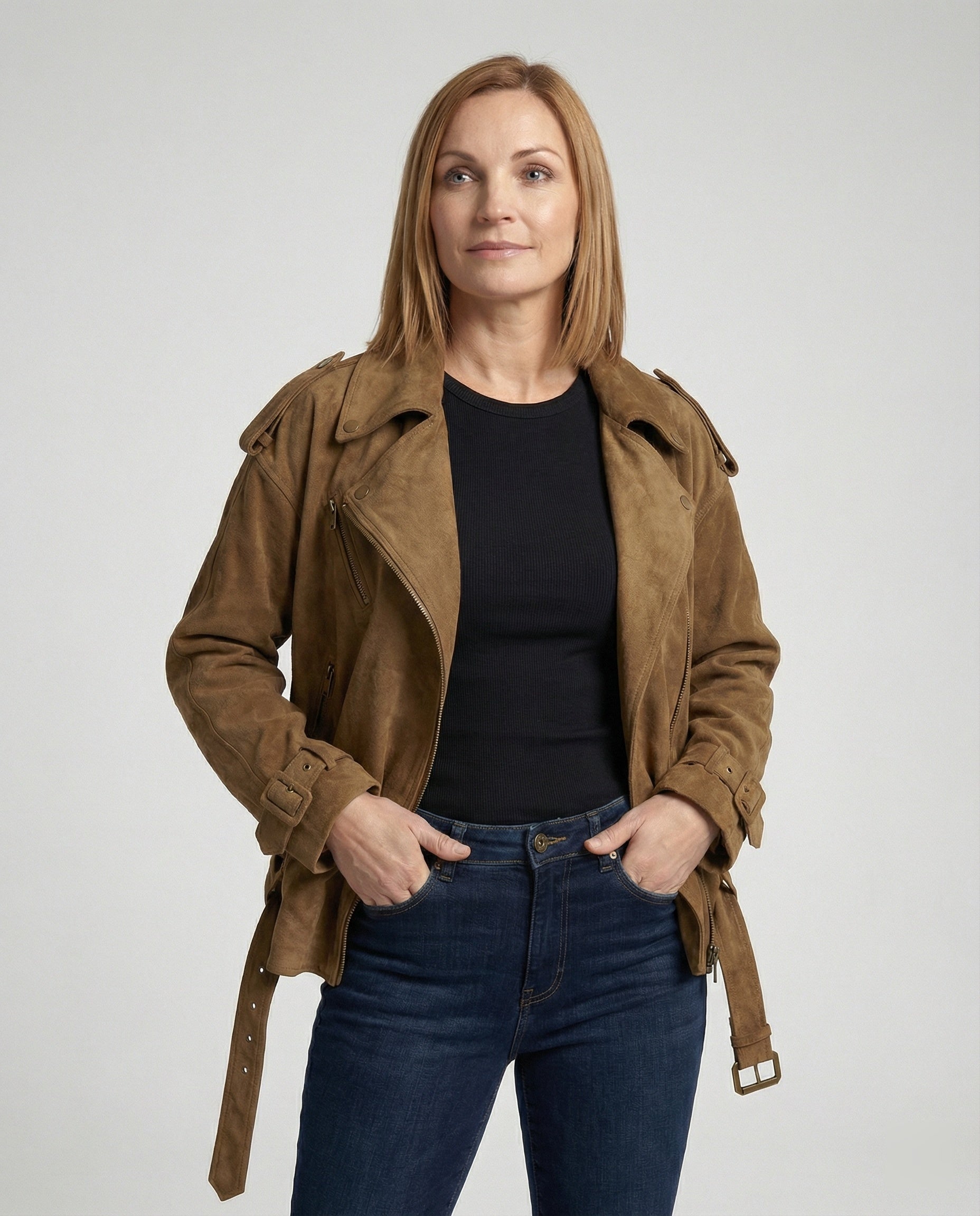 Damen weit geschnittene Velours-Bikerjacke mit asymmetrischem Reißverschluss Taillengürtel und verstellbaren Manschetten R&B