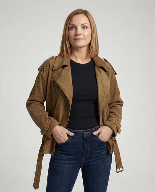 Damen weit geschnittene Velours-Bikerjacke mit asymmetrischem Reißverschluss Taillengürtel und verstellbaren Manschetten R&B