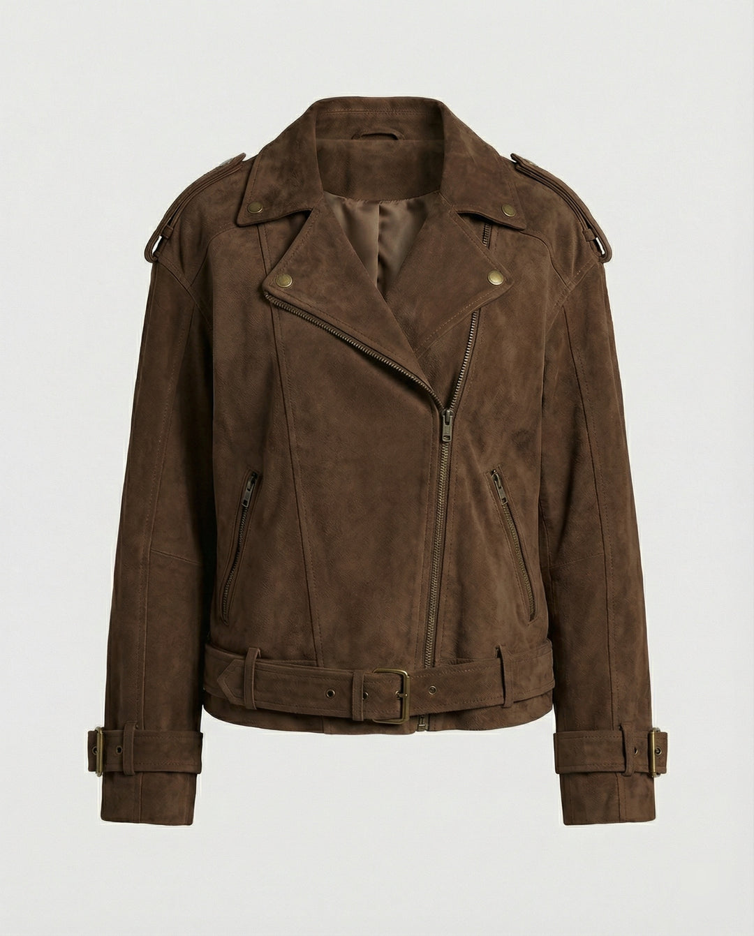 Damen weit geschnittene Velours-Bikerjacke mit asymmetrischem Reißverschluss Taillengürtel und verstellbaren Manschetten R&B