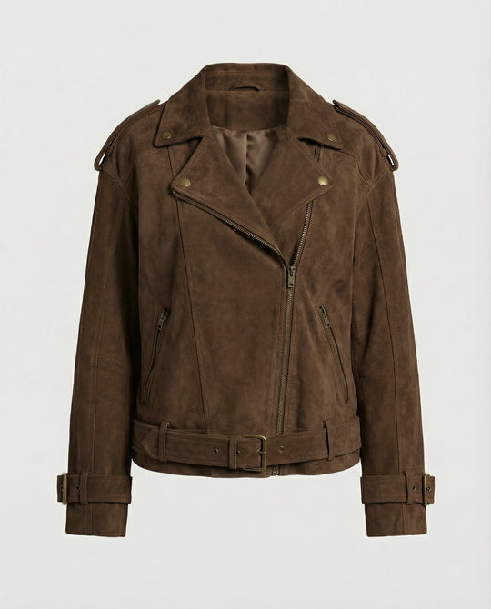 Damen weit geschnittene Velours-Bikerjacke mit asymmetrischem Reißverschluss Taillengürtel und verstellbaren Manschetten R&B