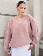 Damen lässiger Pullover mit V-Ausschnitt und voluminösen Ärmeln R&B