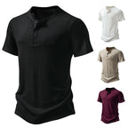 Herren stylisches Kurzarm-Henley-Shirt mit strukturiertem Design und zwei Knopf-Details R&B
