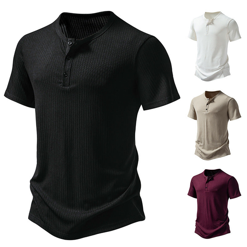 Herren stylisches Kurzarm-Henley-Shirt mit strukturiertem Design und zwei Knopf-Details R&B