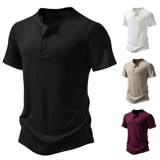 Herren stylisches Kurzarm-Henley-Shirt mit strukturiertem Design und zwei Knopf-Details R&B