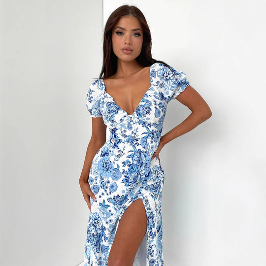 Damen Sommerliches Maxi-Kleid mit floralem Muster und elegantem Schlitz R&B